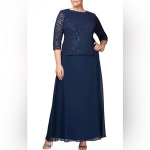 New Alex Evenings Long Lace Sequins Dress Chiffon Skirt Navy Blue Sz 20W